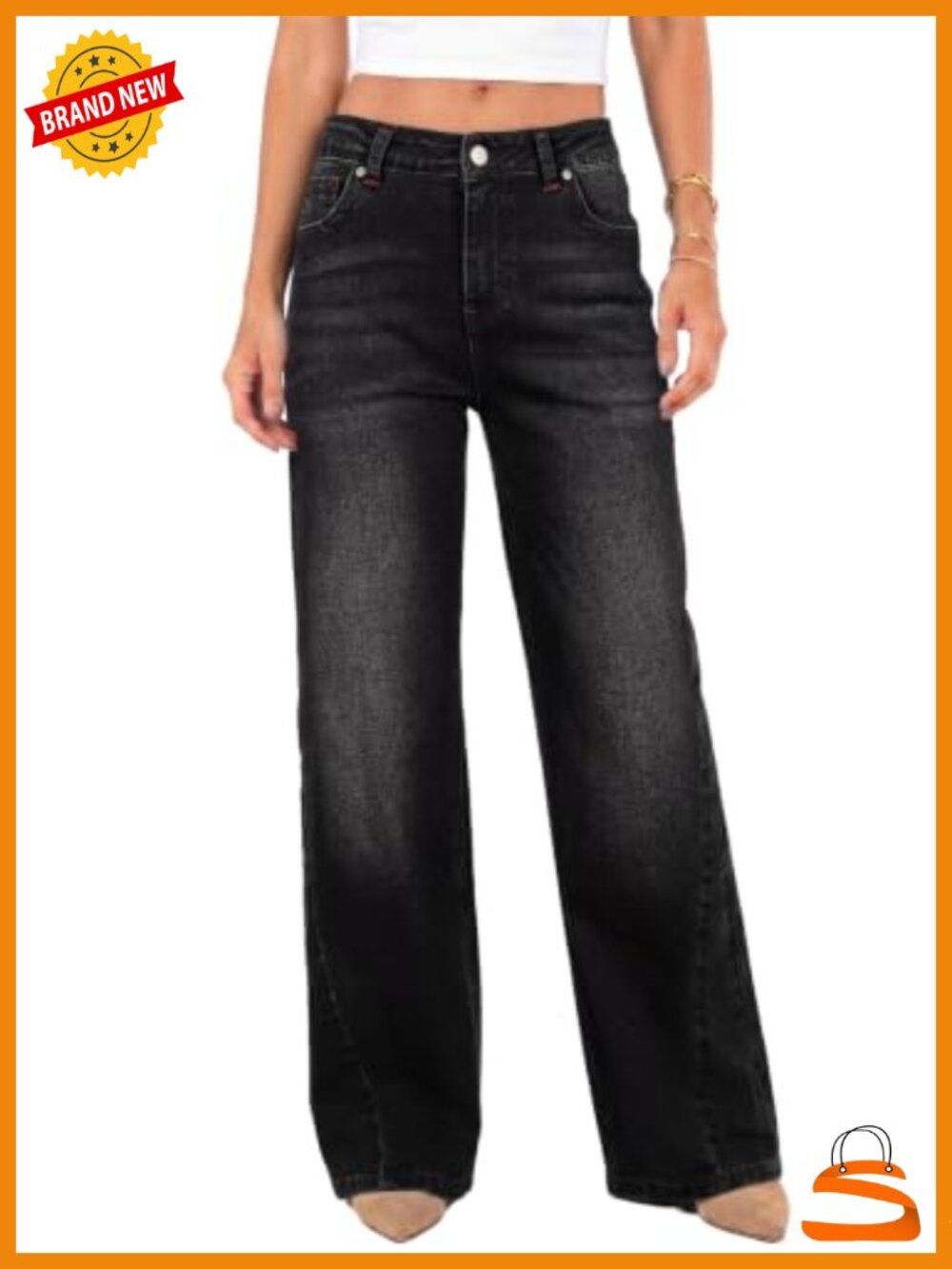 High Waist Wide Leg Straight Stretch Pockets Rivet Retro Denim Pants